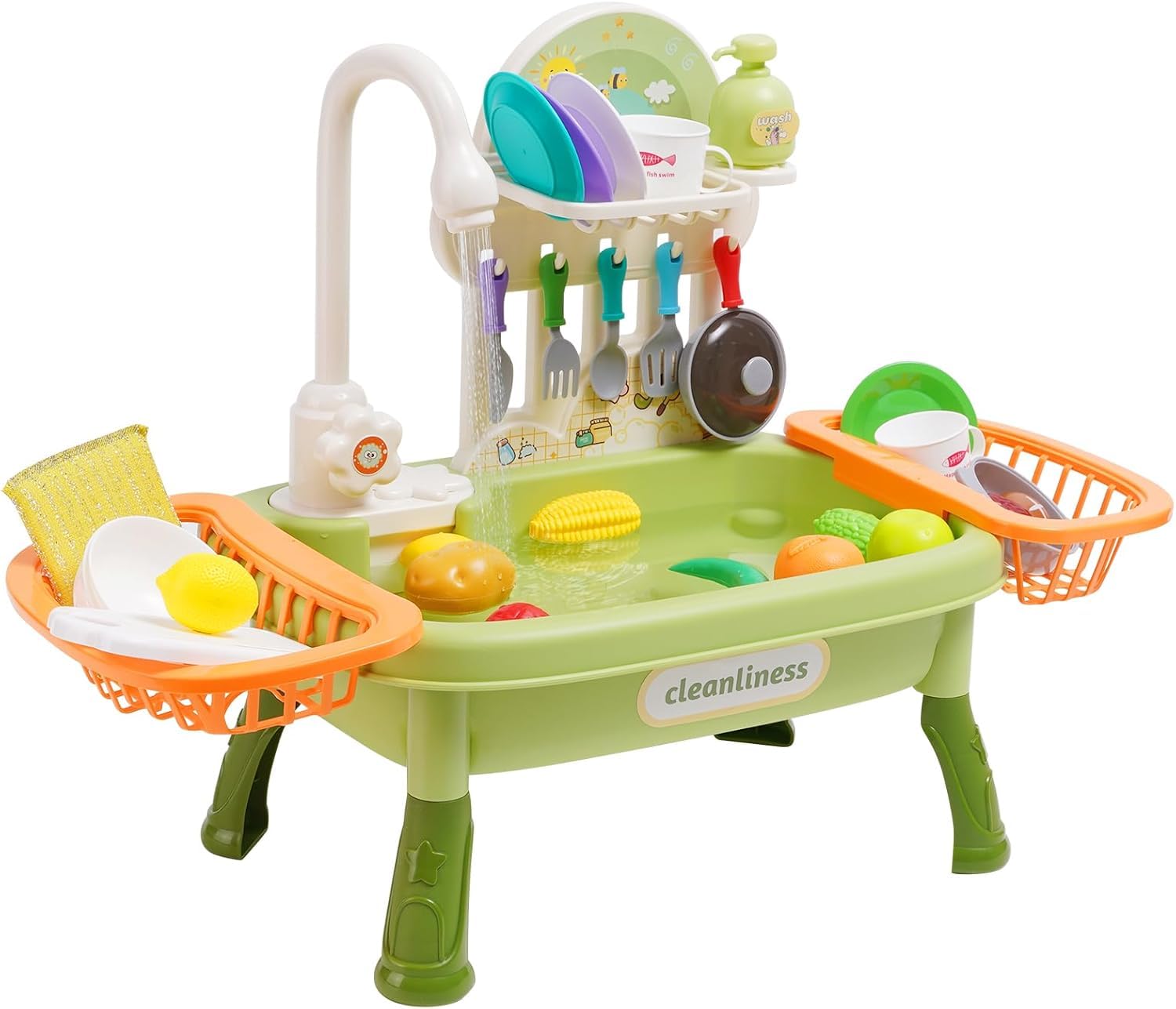 Lavello giocattolo con acqua di rubinetto,Lavandino Giocattolo per Bambini,Set di giocattoli da cucina con rubinetto funzionante con Portapiatti e Giocattoli Alimentari per ragazzi ragazze 3 4 5 6