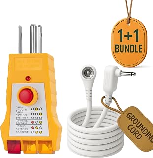 Grounding Tester + 15ft Grounding Cord – Outlet Plug Tester for Earthing Safety + Universal Replacement Cable for Mats, Sheets, Pads – Conductivity Verified, Durable & Compatible
