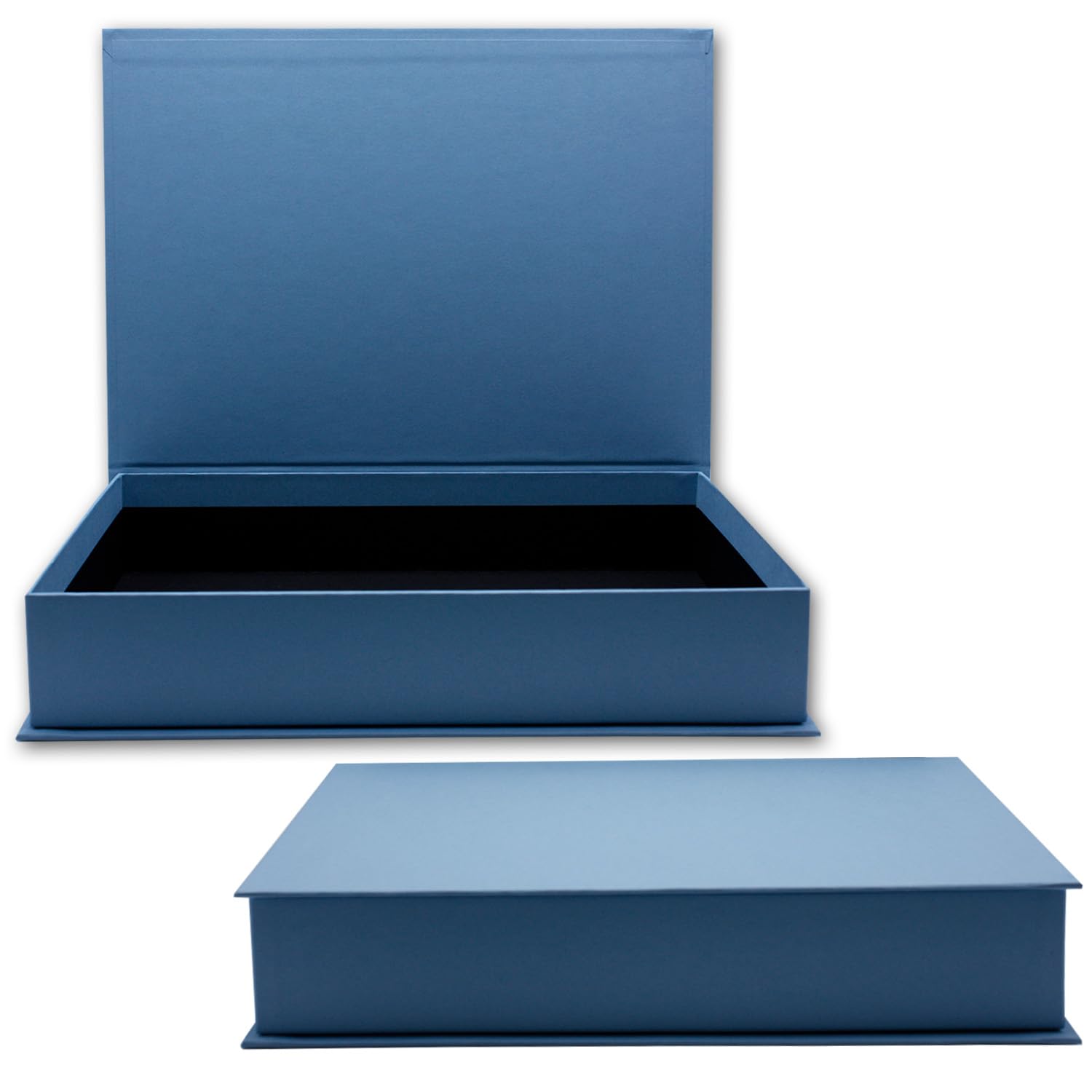 NEUSER PAPIER Pudełko prezentowe z pokrywką na zawiasach – 4 sztuki – DIN A4 – powlekane w kolorze szaroniebieskim – wewnątrz czarne kaszerowane – 334 x 242 x 65 mm – pudełko do przechowywania