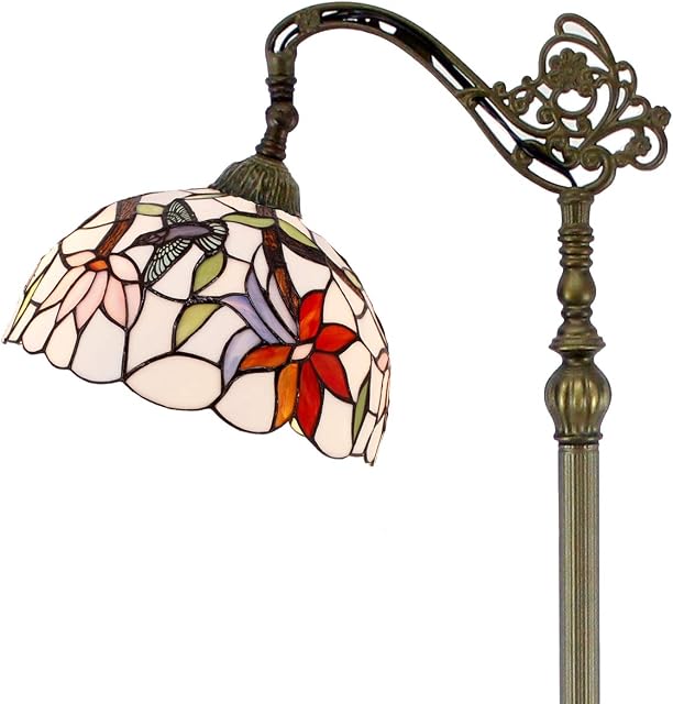 WERFACTORY Tiffany Floor Lamp 64" Tall Industrial Pole Vintage Boho Hummingbird Stained Glass Standing Corner Bright Reading Light Arched Gooseneck Adjustable Living Room Kids Bedroom Farmhouse