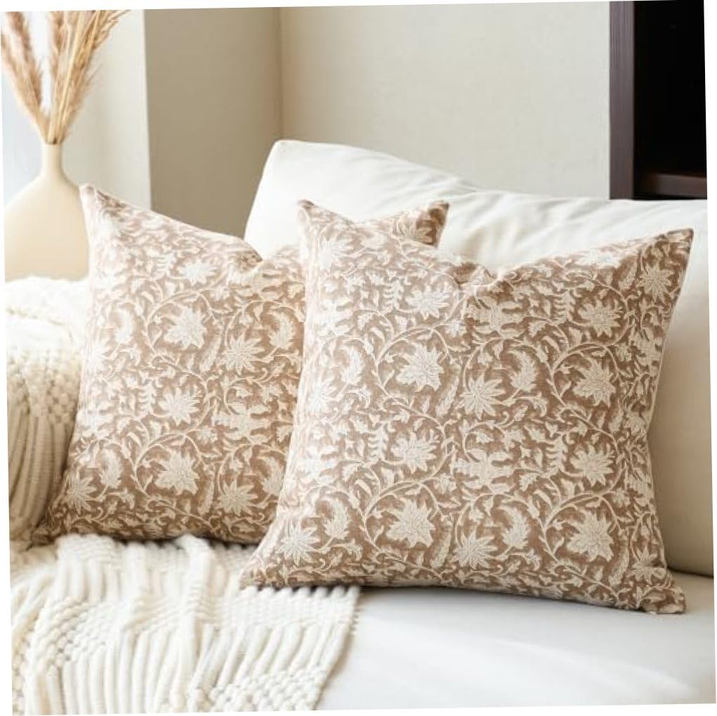 Farmhouse Throw Pillow Covers 18x18, Set of 2 - Neutral Vintage Floral Block Print Covers for Sofa & Couch, Cotton Decorative Pillow for Living Room