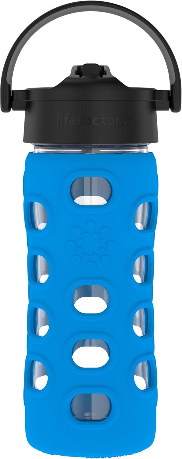Lifefactory 12-Ounce Glass Water Bottle with Pivot Straw Cap and Protective Silicone Sleeve, Cobalt Blue