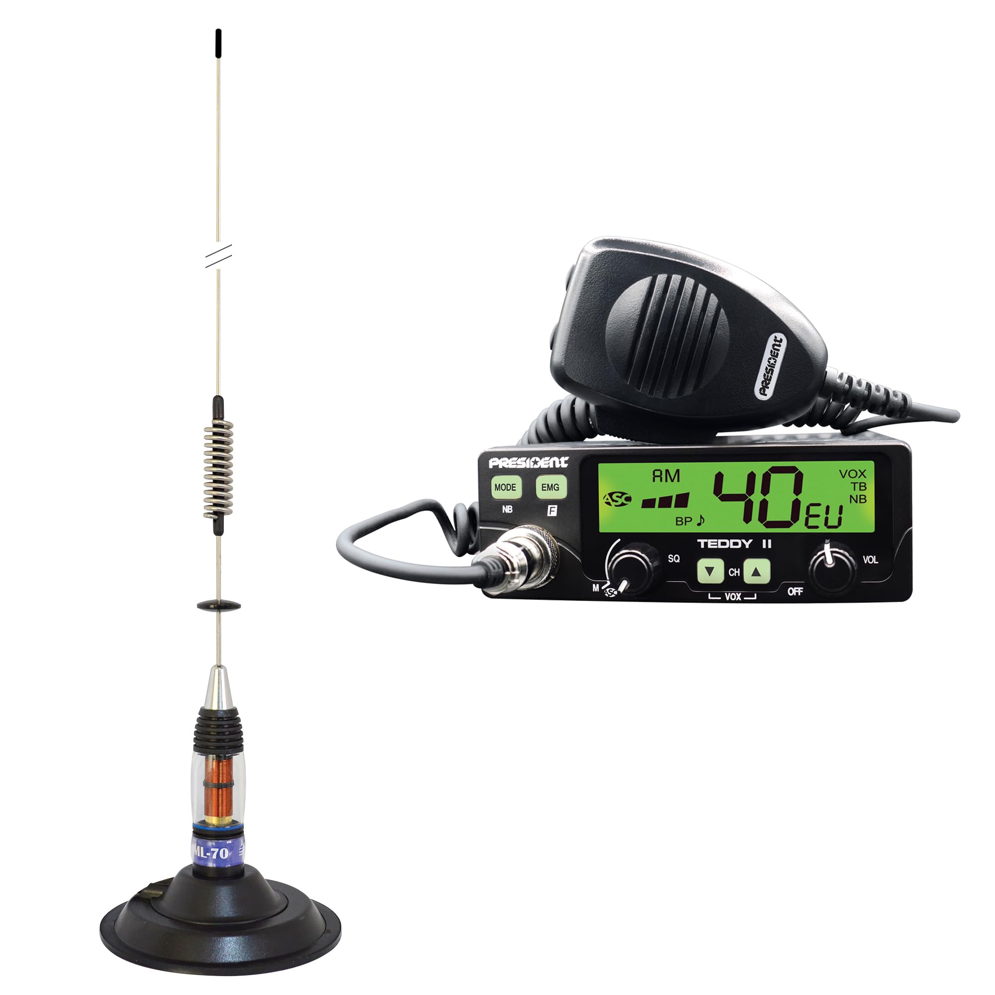 CB President Teddy II ASC Am/FM, VOX, NB, ANL Radio Kit, 12V + Antena CB PNI ML70, Longitud 70cm, 26-30MHz, 200W