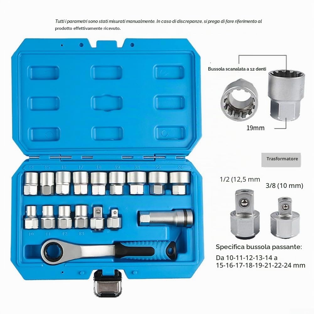 Lecreatekit Set di 17 chiavi a bussola passanti, in acciaio legato, con cricchetto reversibile per manutenzione auto, aste filettate da 10-24 mm