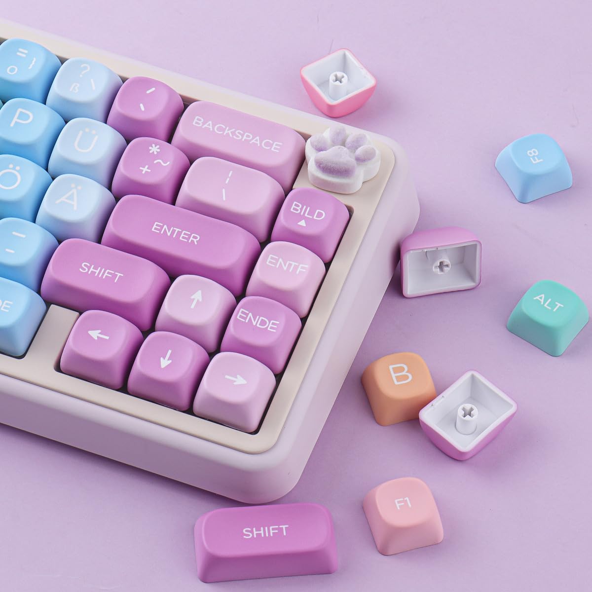 Sunzit MOA Keycaps, 132 Tasten PBT ISO DE Keycaps Niedliches Regenbogen Bonbon Set mit individuellen Tastenkappen für Cherry MX-Schalter ISO DE Layout Mechanische Gaming Tastatur(DE Layout)