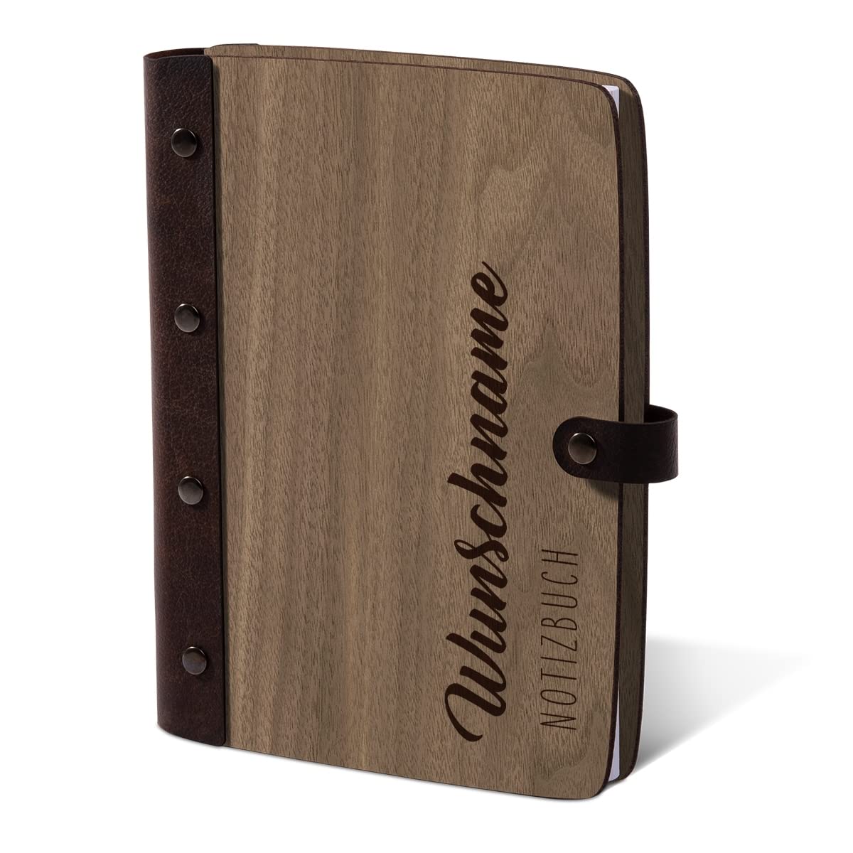 Personalisiertes Notizbuch Holzcover mit Echtleder Rücken 72 Blatt | 144 Seiten A5 hoch 158x222mm Nussbaum Amerikanisch - Name schlicht