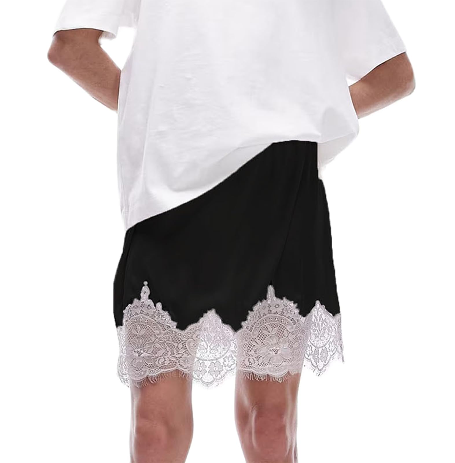 Women Lace Satin Half Slips Skirts Low Rise Lace Trim Underskirts Flowy A Line Silky Short Skirt Fairy Mini Skirt