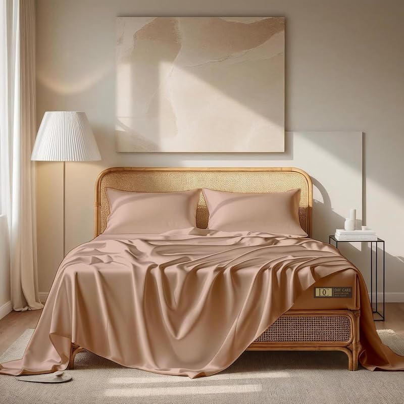 Image of Day Care-Luxury Satin Flat Double Bed (90x100 Inchs) Bedsheet|Ultra Soft Silky Smooth Touch|Breathable, Lightweight & Skin Friendly|Wrinkle Resistant|Bear Beige