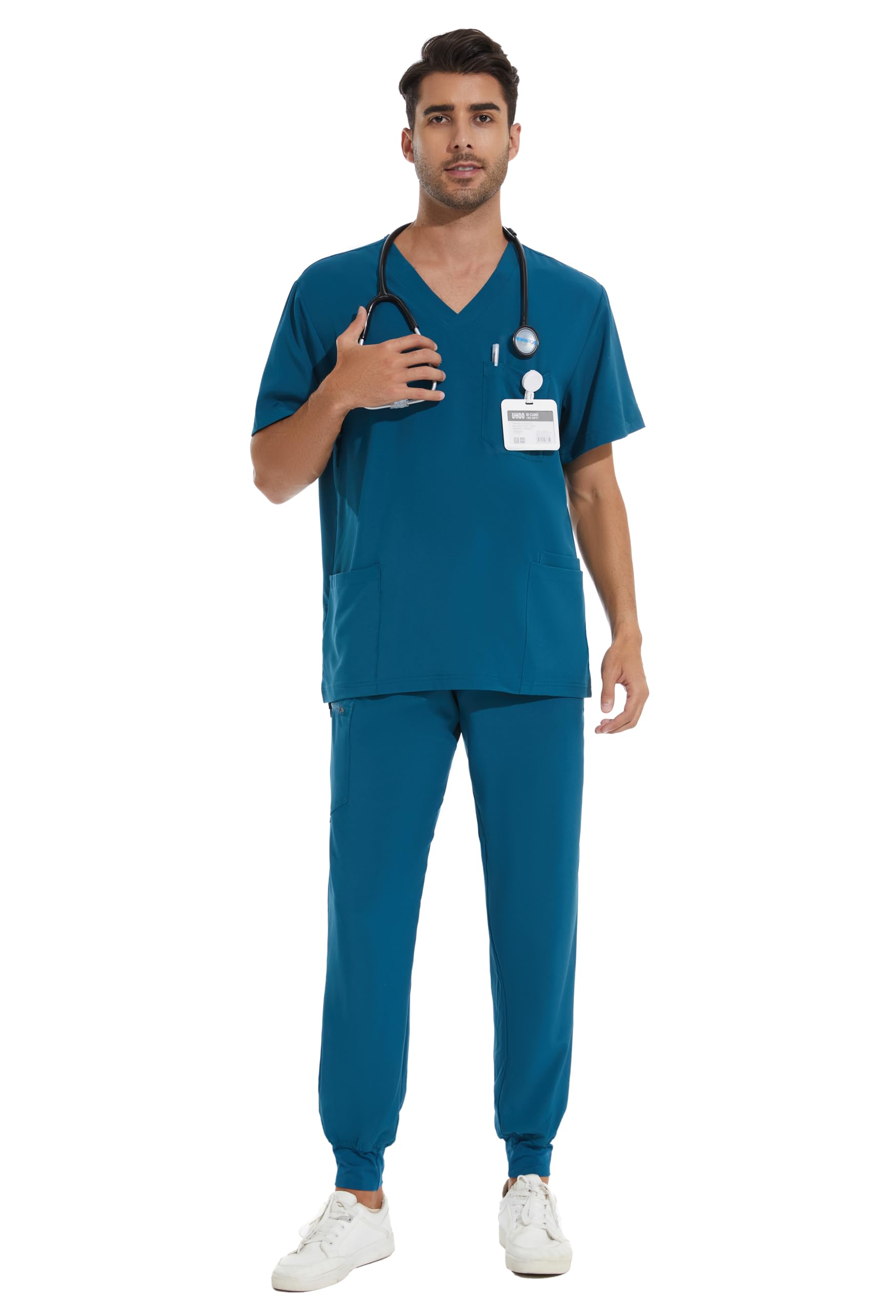 COZYFIT Men Scrubs Set — Stretch V-Neck Scrub Top & Jogger Pant with 8 Pockets, Yoga Waistband, Anti-Wrinkle Scrubs for Men