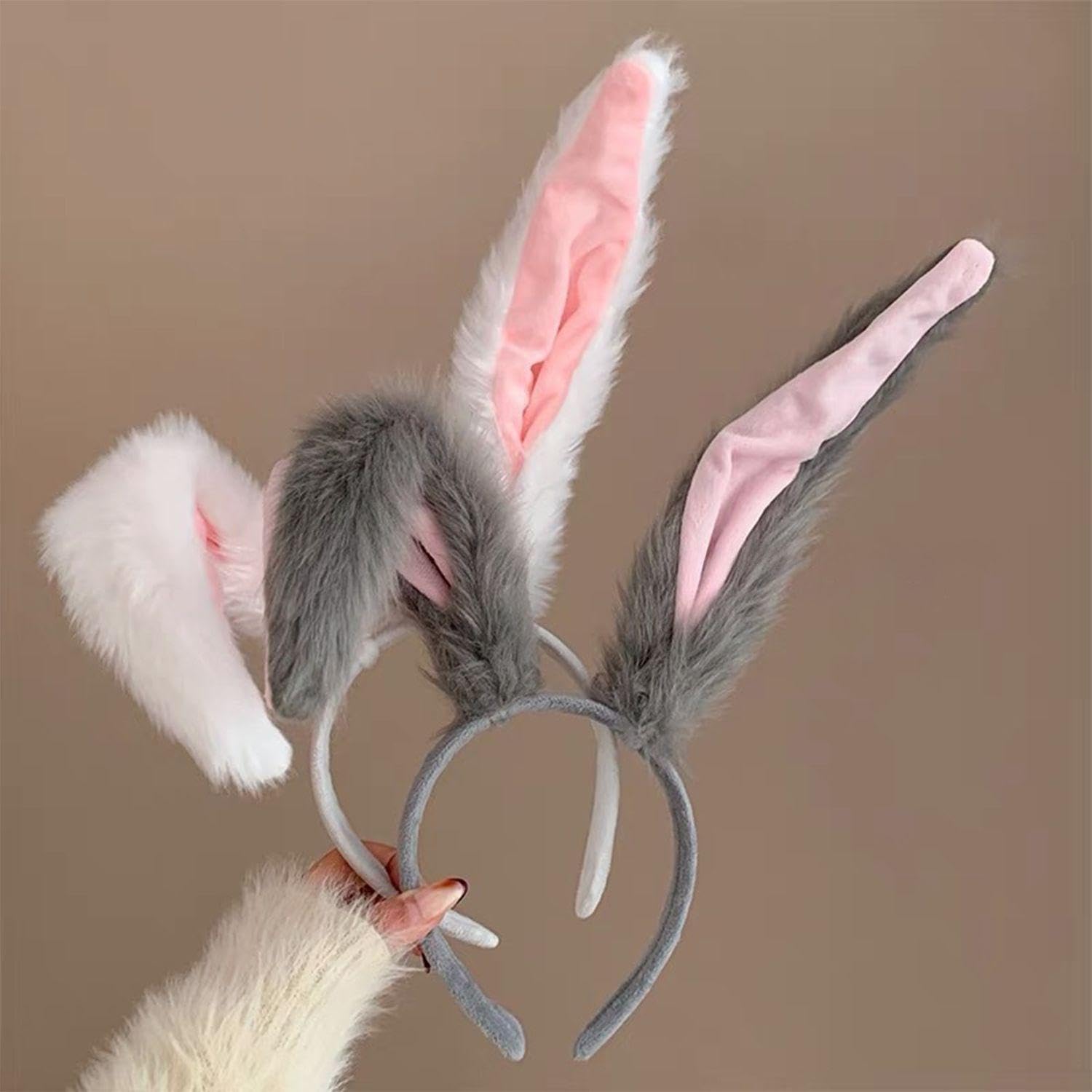 UOPJDD Diadema De Orejas De Conejo De Felpa – Pack De 2 Unidades (Gris Y Blanco) – Accesorio Para Fiestas, Fotos Y Disfraces