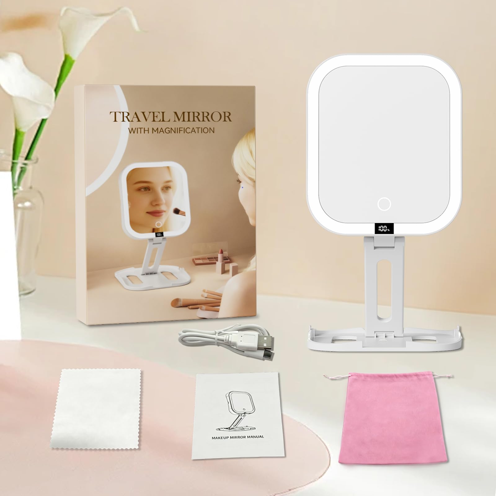 Travel Makeup Mirror with Lights, 1X/10X Magnification, Rechargeable