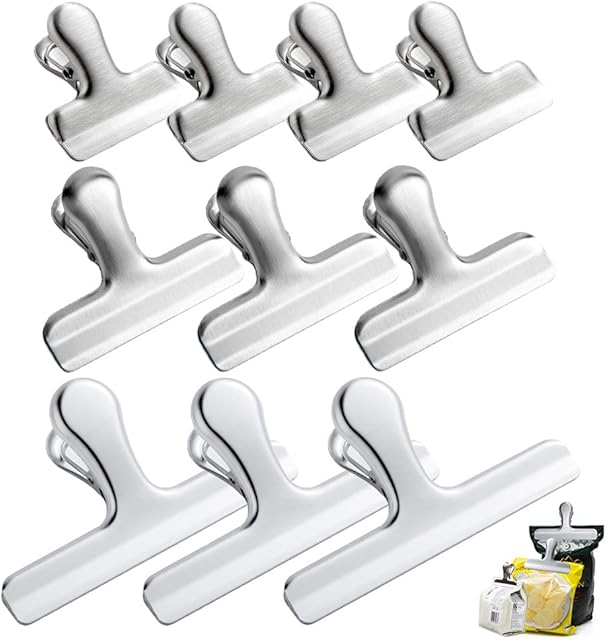 10 pcs Stainless Steel Chip Bag Clips, CNYMANY 3 Sizes 4.7" 3" 1.6" Heavy Duty Air Tight Seal Grip Coffee Food Bag Clamps for Office Kitchen Home Use