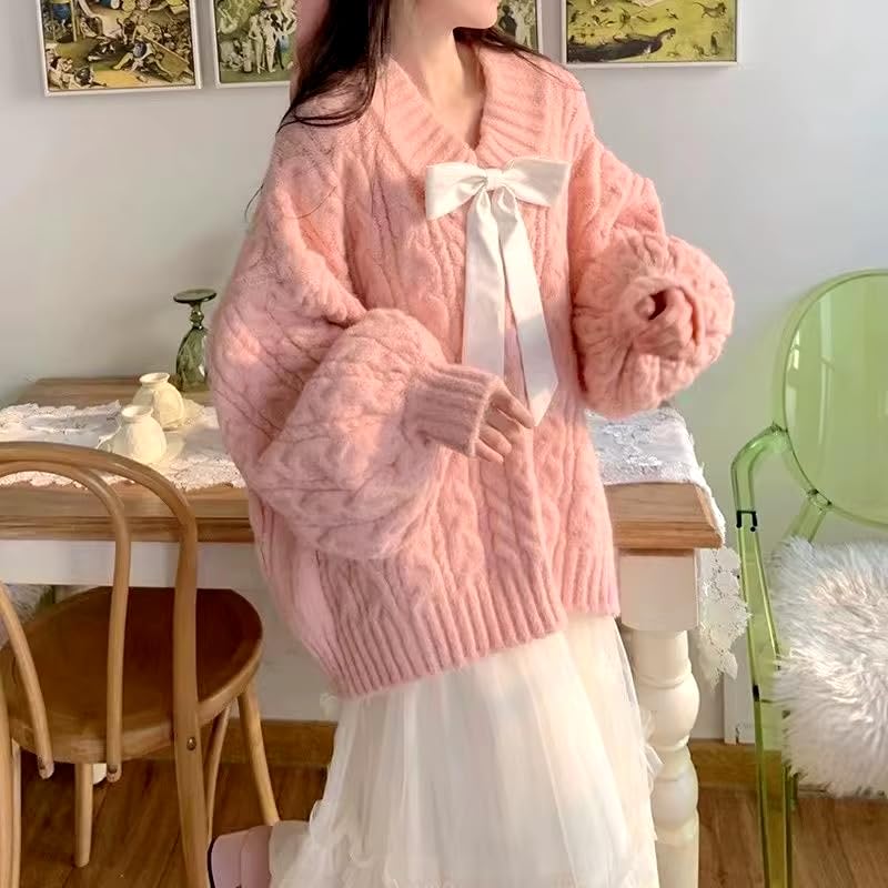 Image of Women's Y2K Oversized Chunky Cable Knit Sweater Casual Long Sleeves V Neck Pullover Tops