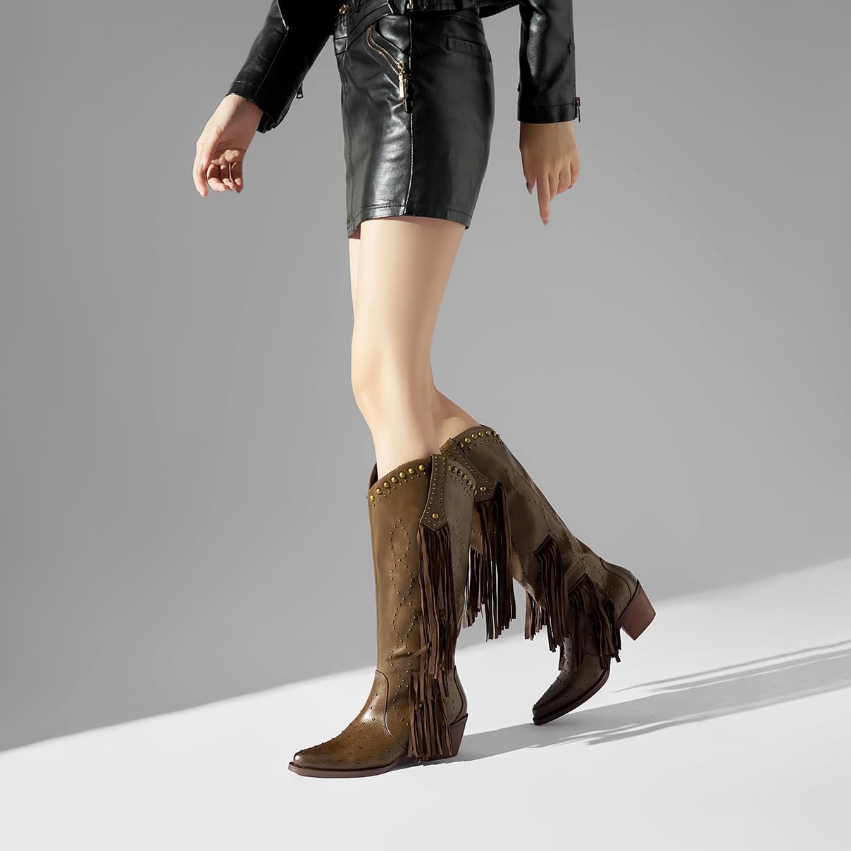Tsrenlmln Western Cowboy Boots for Women - Pointed Toe Knee High Pull-On Boots with Chunky Heel & Fringe Details | Fashion Riding Boots | & Comfortable