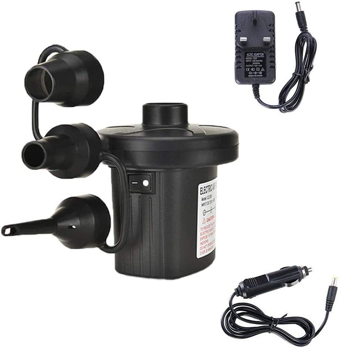 DELFINO Electric Air Pump, Portable Inflate and Deflate Air Pump with 3 Nozzles, AC 220V / DC 12V, Electric Pool Float Pump, Air Mattress Pump with Car Adapter for Camping Outdoor Pool Party