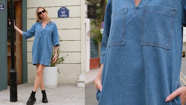 Wenrine Womens Denim Shirt Dress Summer Casual V Neck Short Sleeve