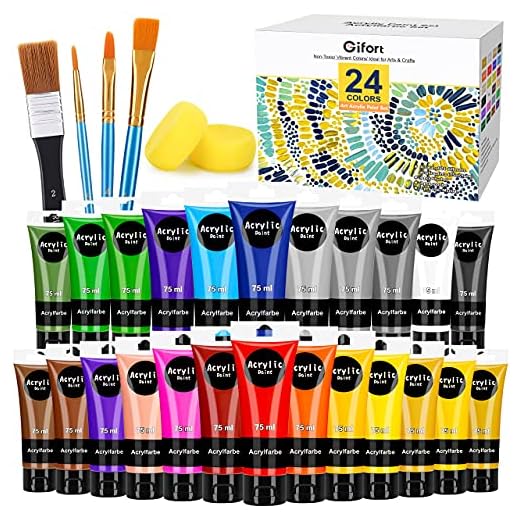 Gifort Pinturas Acrílicaa, 24 x 75 ML Kit de Pintura Acrílica Manualidades con 4 Pinceles para Tela Lienzo Madera Papel, con Colores Vibrantes para Artistas, Principiantes, Niños