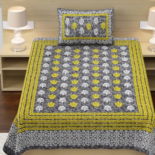 Image of RajasthaniKart Pure 100% Cotton Single Bed Sheet with 1 Pillow Cover (Bedsheet for Single Bed Cotton, Grey Small Booty)