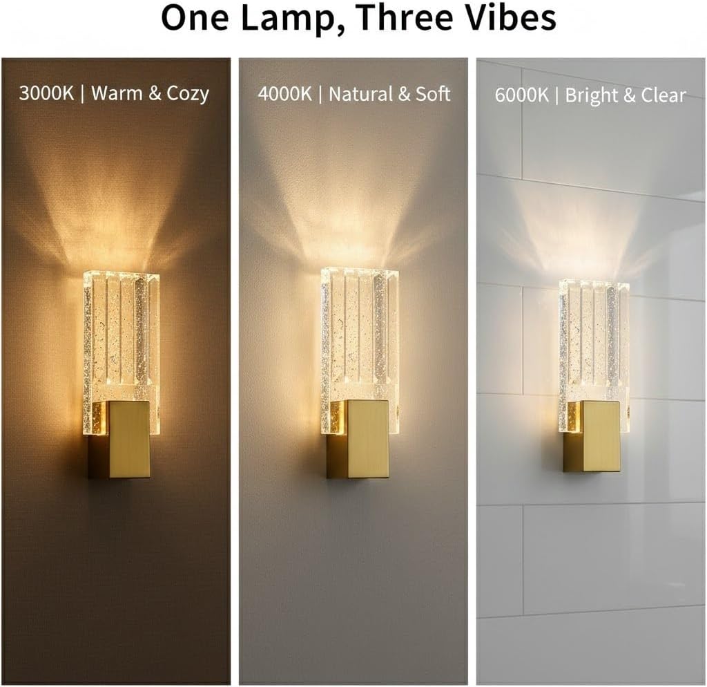 Vanity Wall Sconce, Gold Bubble Glass Wall Light, Rectangular LED Crystal Wall Lamp for Bedroom, Living Room, Hallway, Staircase, Powder Room, Luxury Fixture, Hotel, Entryway Parlor(Large)