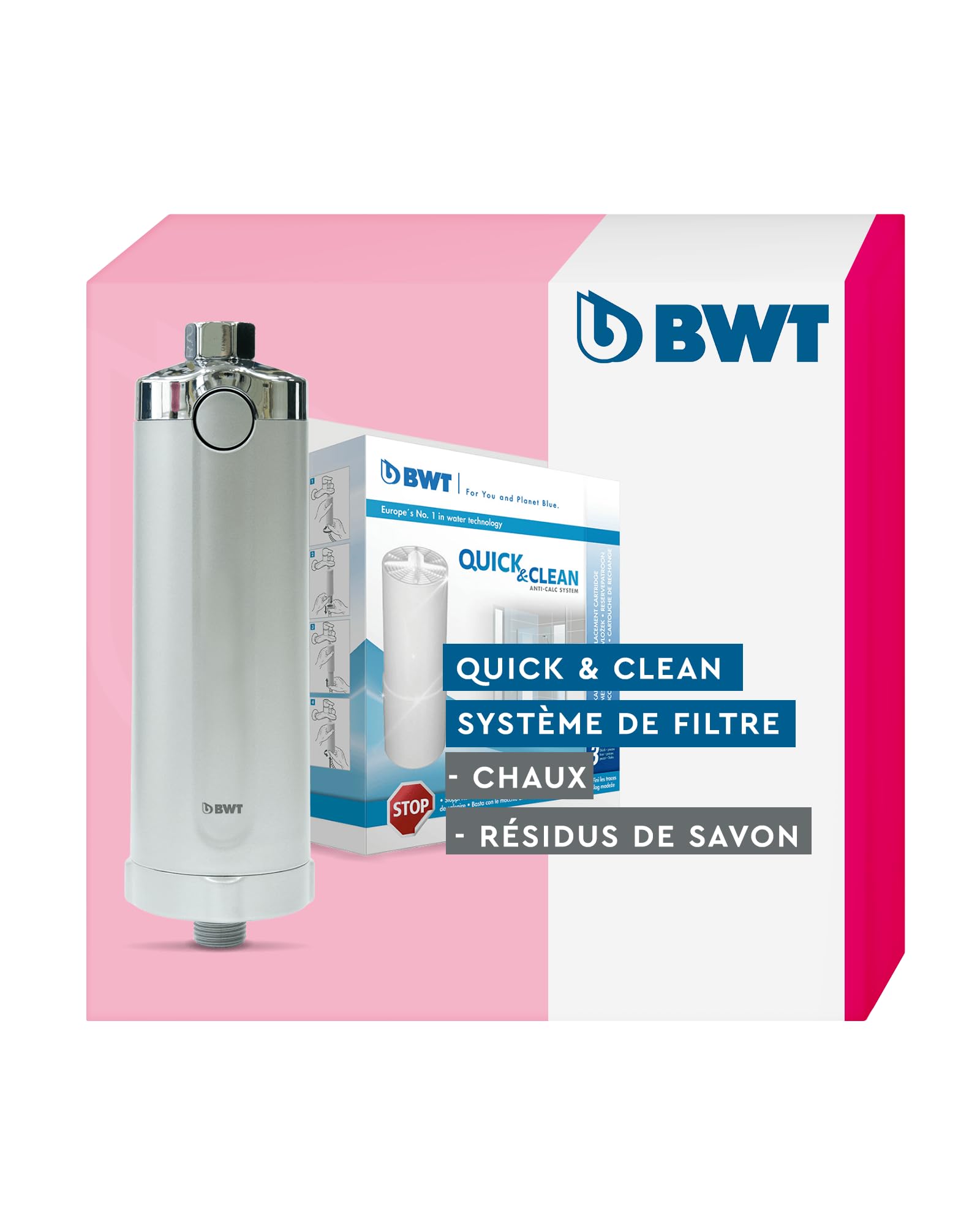 BWT Système de filtration anti-calcaire Quick & Clean - Nettoyage par simple pression d'un bouton pour un bain sans calcaire - Filtre de douche avec 4 cartouches filtrantes