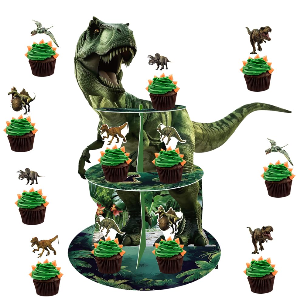 Dinosaurios Soporte para Cupcakes 3-Tier Cartón Cupcake Stand Redondo Postre Bebé Shower Niños Fiesta Cumpleaños Party Temático Decoración Set Niño Decoracion 13 PCS