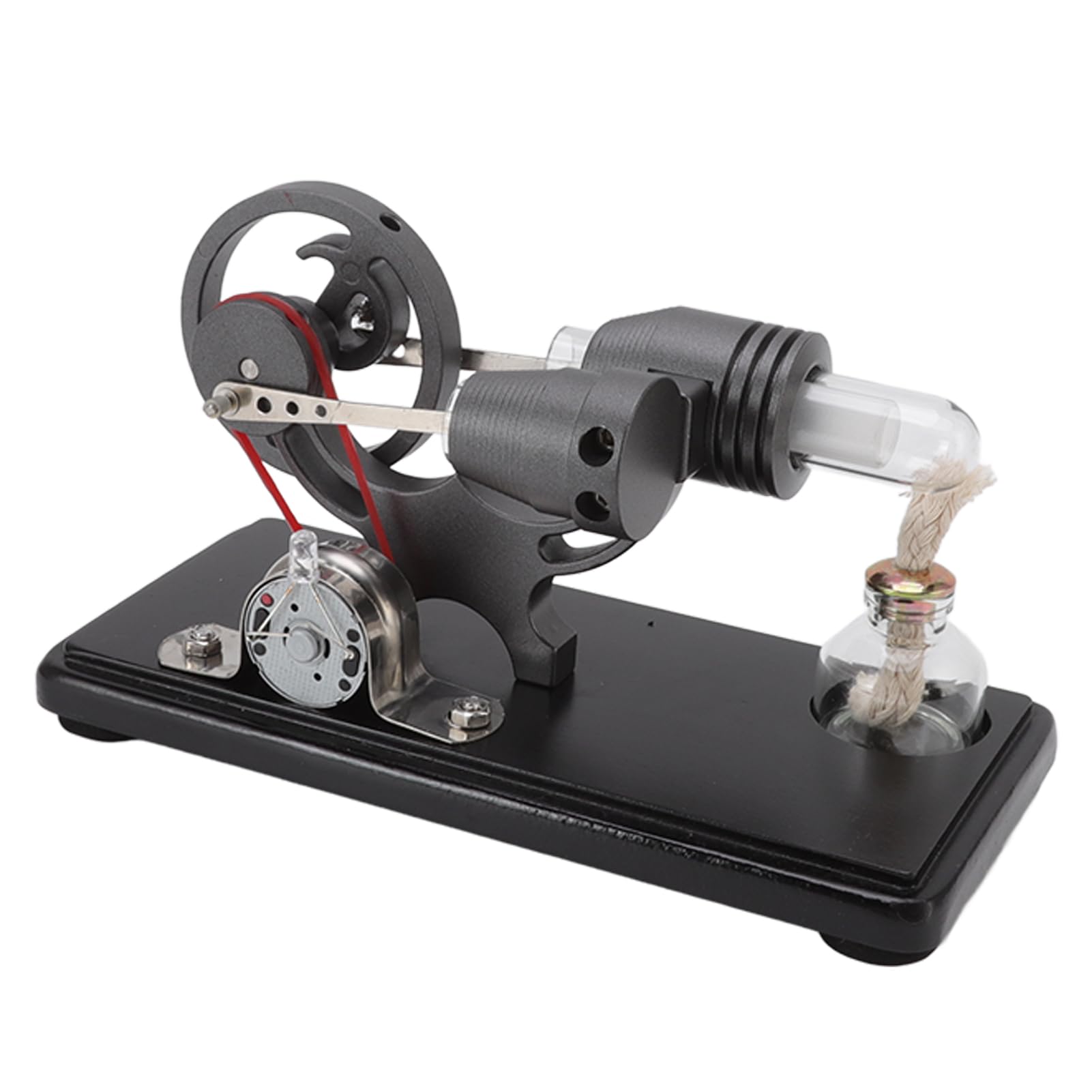 Kit generatore di elettricità motore Stirling Lega di zinco grigia Acciaio inossidabile Base in legno di vetro Uscita da 3,0 V a 5,0 V Alcol al 95% Carburante Esperimento