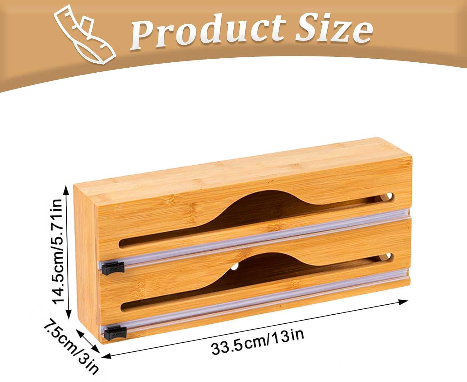 Derouleur Film Alimentaire en Bambou, Distributeur Papier Aluminium et Film avec Cutter Coulissant, Distributeur Film Alimentaire Compatible avec rouleaux de 30cm, Organisateur Tiroir Cuisine Efficace
