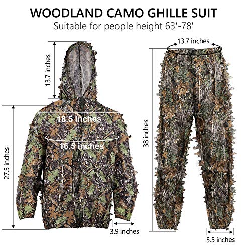SMZCTYI Ghillie Suit 3D Leafy Woodland Camouflage Clothing, Lightweight Breathable Hooded Apparel for Jungle Hunting, Shooting, Airsoft, Hallowee