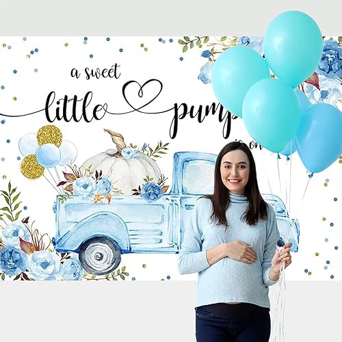 Miniatura 4 de Aperturee Telón de fondo de baby shower de calabaza pequeña de 7 x 5 pies, con texto en inglés "A Little Sweet Pumpkin is On The Way", globos