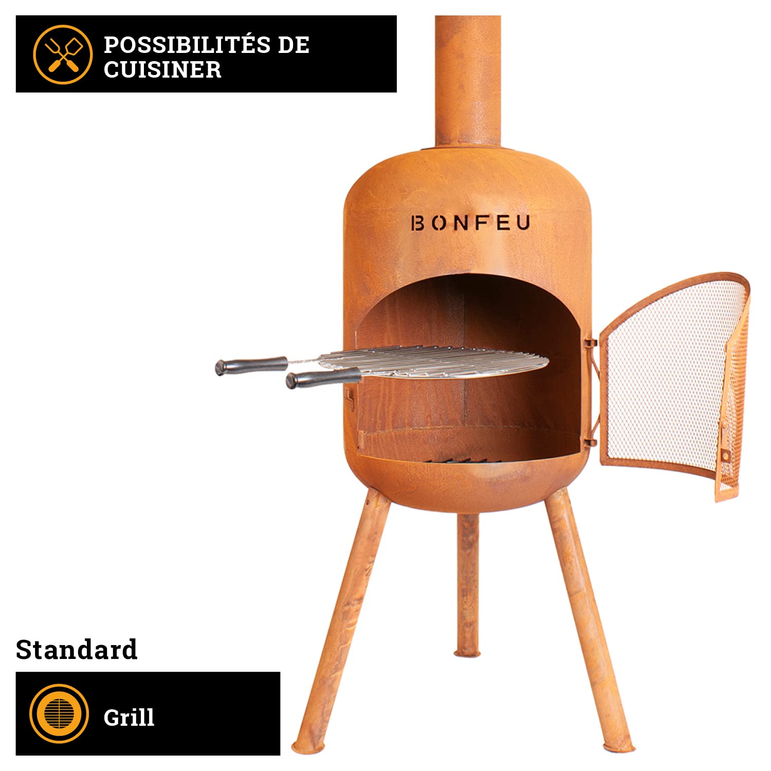 BonFeu BonBono Rouille - Brasero pour Jardin - Braser avec Barbecue Grill - Brazeros Exterieur - 45x45x165 cm