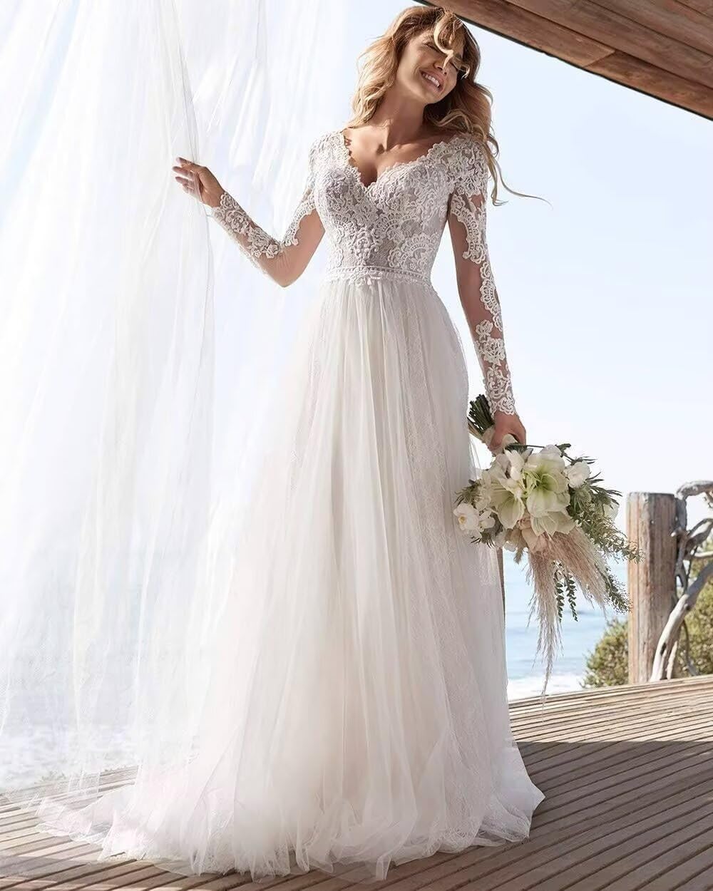 Robes de mariée à manches longues pour mariée en dentelle bohème robe de mariée pour femme robe de mariée campagnard