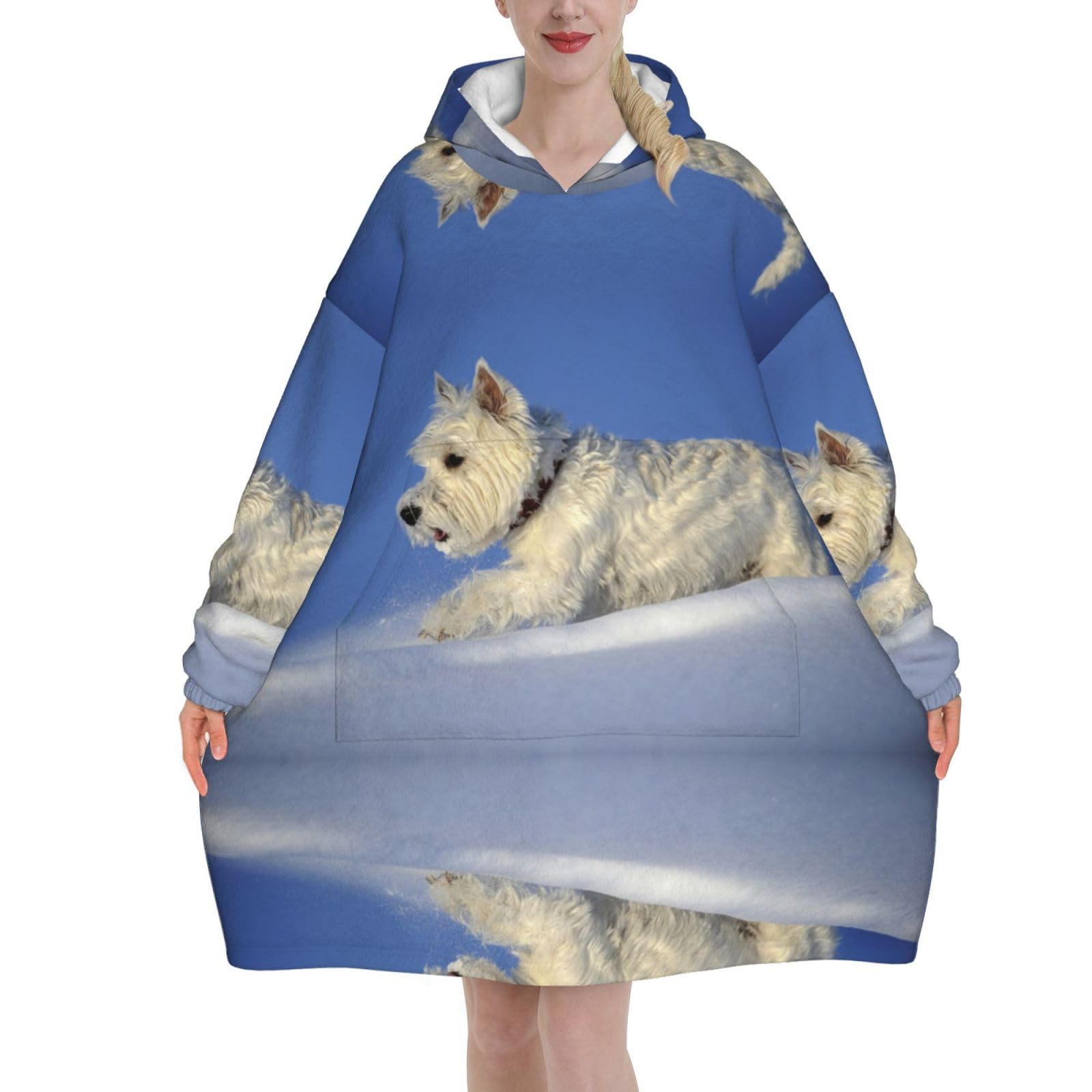 Poadnly Unisex As Picture Westie Winter West Highland White Terrier Dogs,Women's Oversized Wearable Blanket Hoodie, Blanket Sweatshirt,Flannel Pullover Blanket