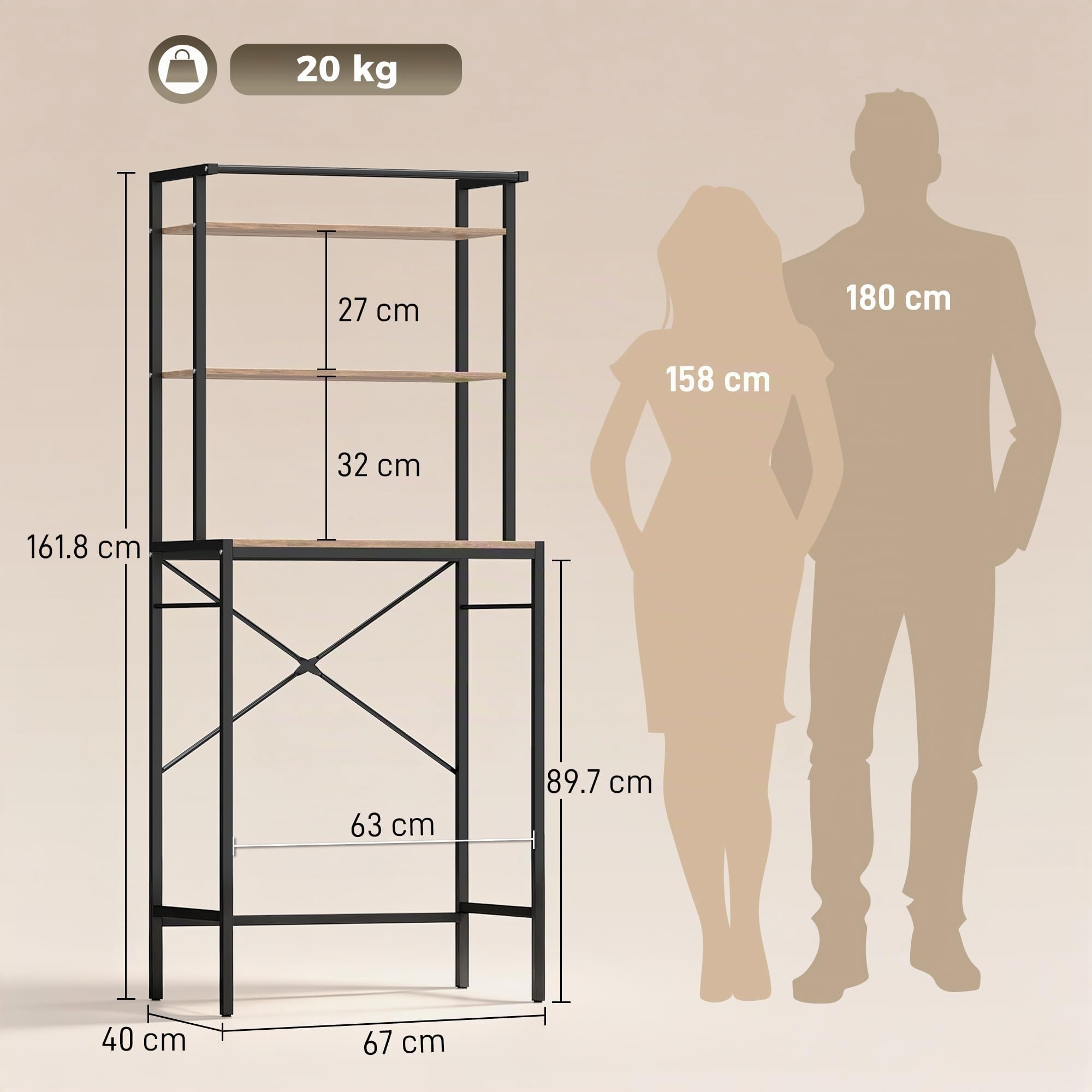 HOMCOM Mobile Sopra Lavatrice Coprilavatrice 67x40x161.8cm Marrone/Nero | Ripiani, Barra Appendiabiti, Scaffale Coprilavatrice Asciugatrice, Bagno e Lavanderia