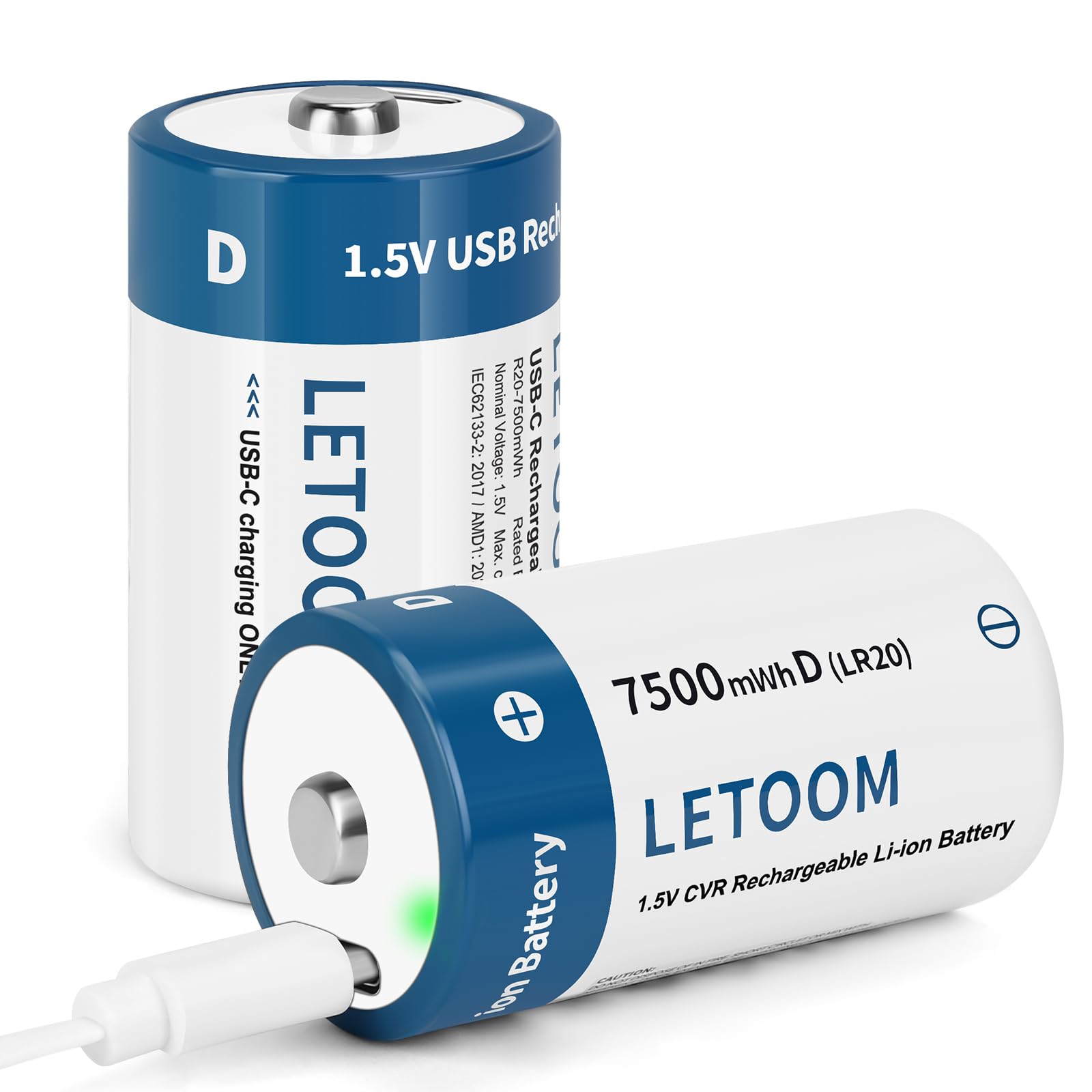 D Batteries Rechargeable with 4 in 1 USBC Charging Cable D Size Cell Lithium Batteries 7500mWh 1.5V for Flashlights, Toys, and Floodlights (2 Pack, D Battery)