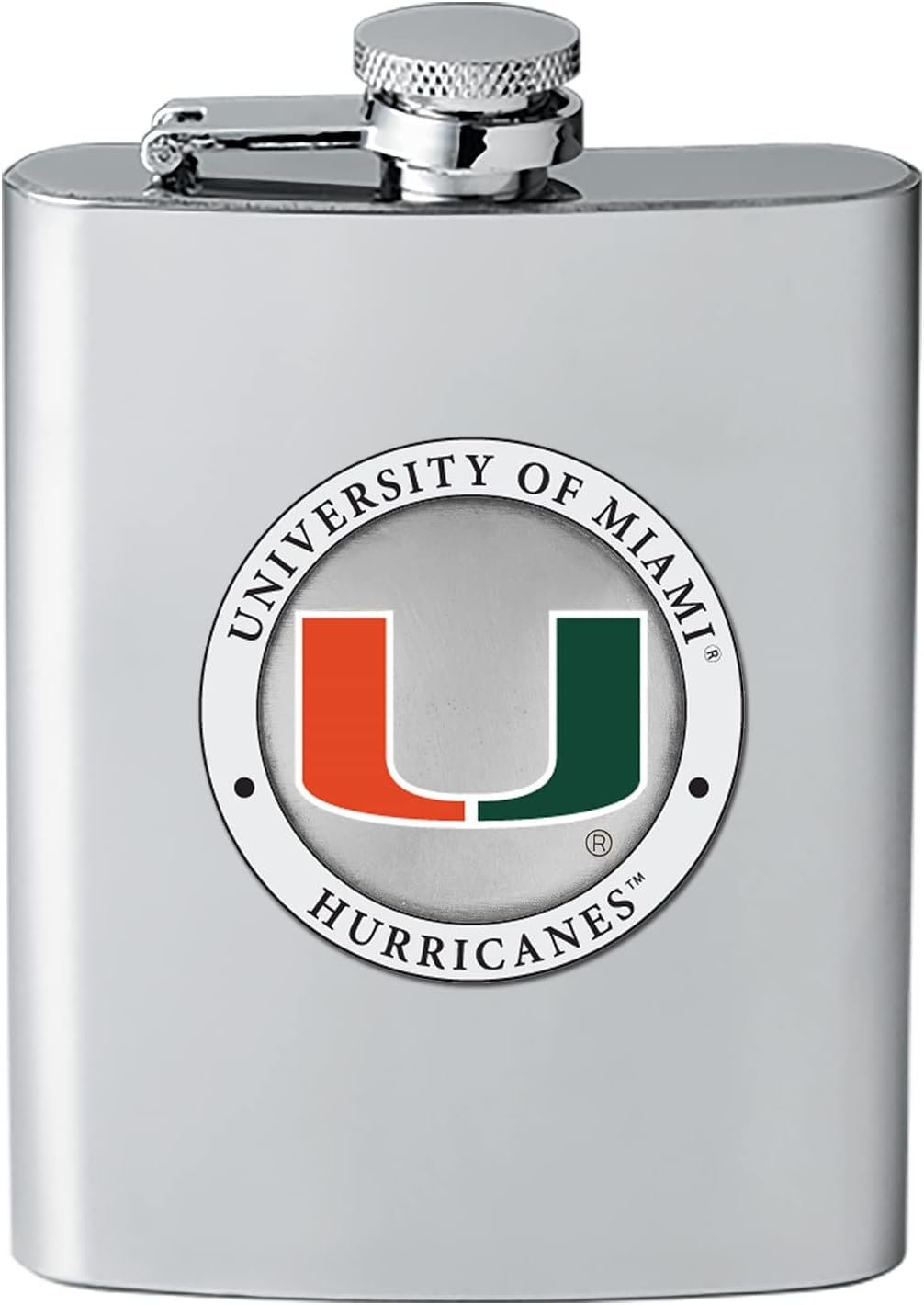 Heritage Pewter Miami Hurricanes Flask | 8 Ounce Liquor Flask Container - Stainless Steel | Intricately Crafted Metal Pewter Alma Mater Inlay