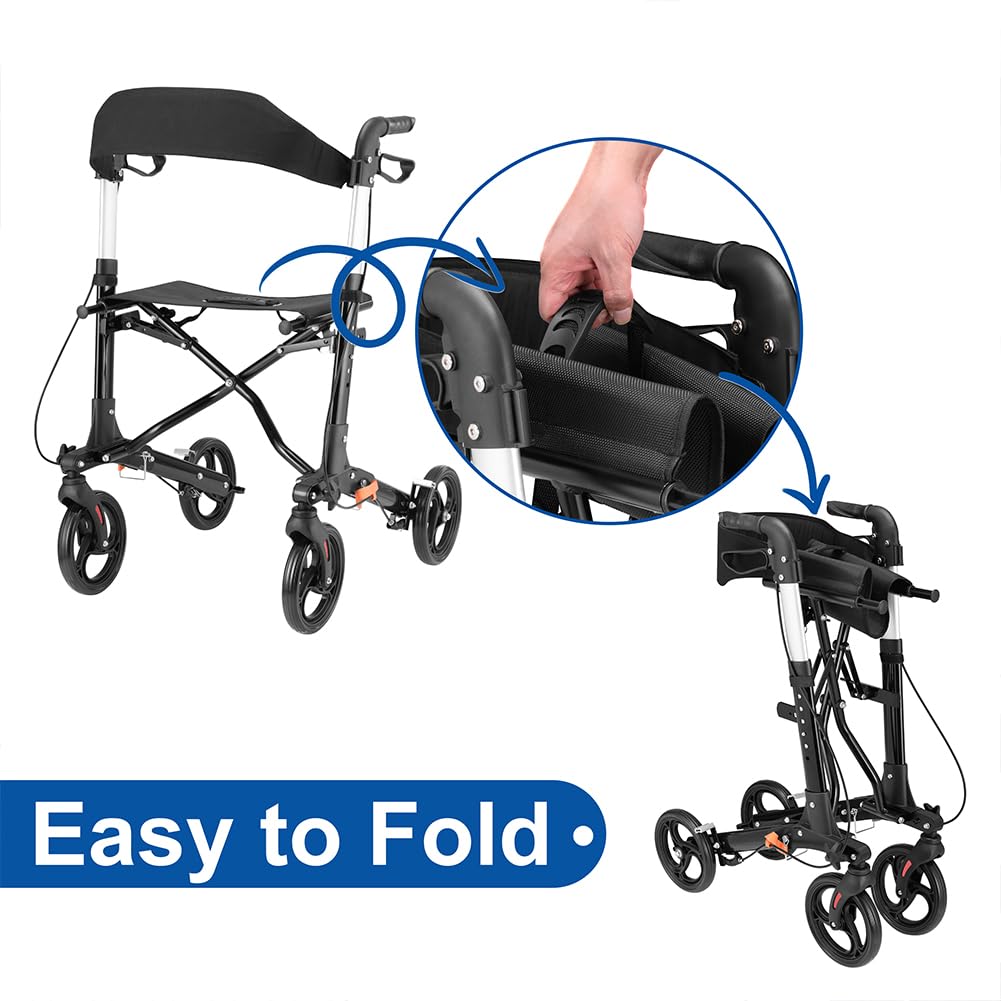 BAKAJI Deambulatore Richiudibile Salvaspazio con Seduta per Anziani, Disabili e Persone con Mobilità Ridotta, Walker con Borsetta e Maniglie Ergonomiche, Assistenza con Freni e Altezza Regolabile