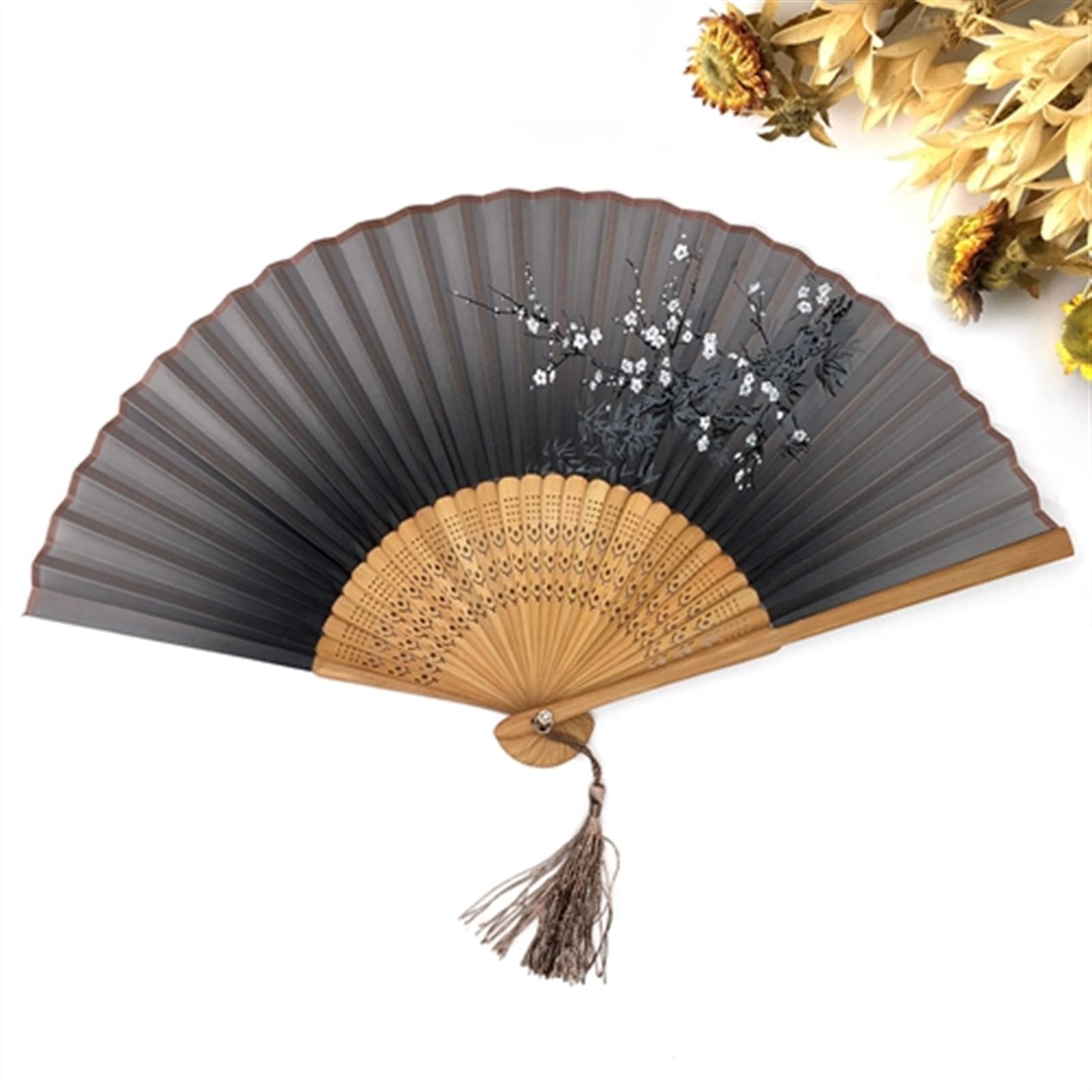 NZPOST 1pcs Vintage Chinese Spun Silk Flower Printing Hand Fan Folding Hollow Carved Hand Fan Event & Party Supplies for Dance,Party Props Decoration (A)
