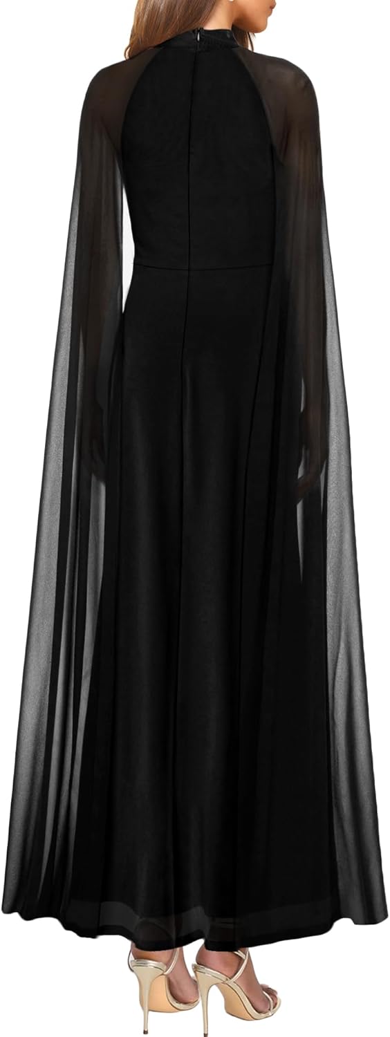 MAYFASEY Women's Elegant Long Sleeve Halter Neck Sexy Split Cocktail Evening Party A Line Maxi Long Formal Dress with Cape