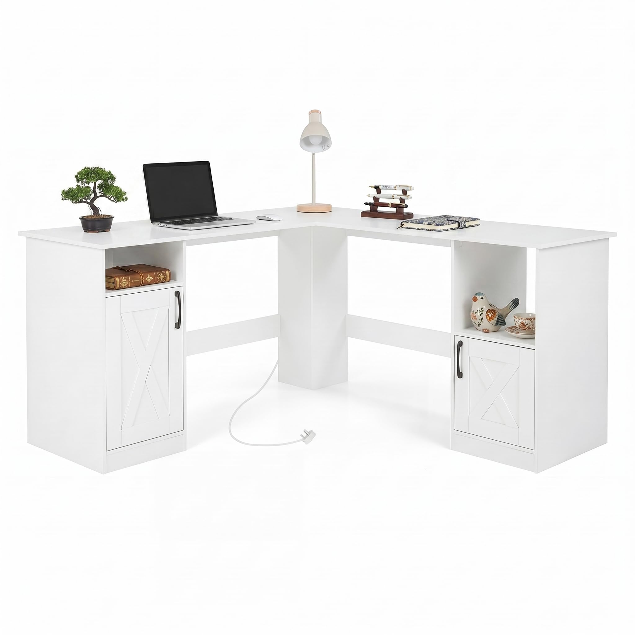 SFAREST L-Shaped Computer Desk, 150CM Corner Desk Working Writing Study Table with Open Compartment, Wooden PC Laptop Workstation for Home Office (White, 150 x 150 x 76 cm, with Charging Station)
