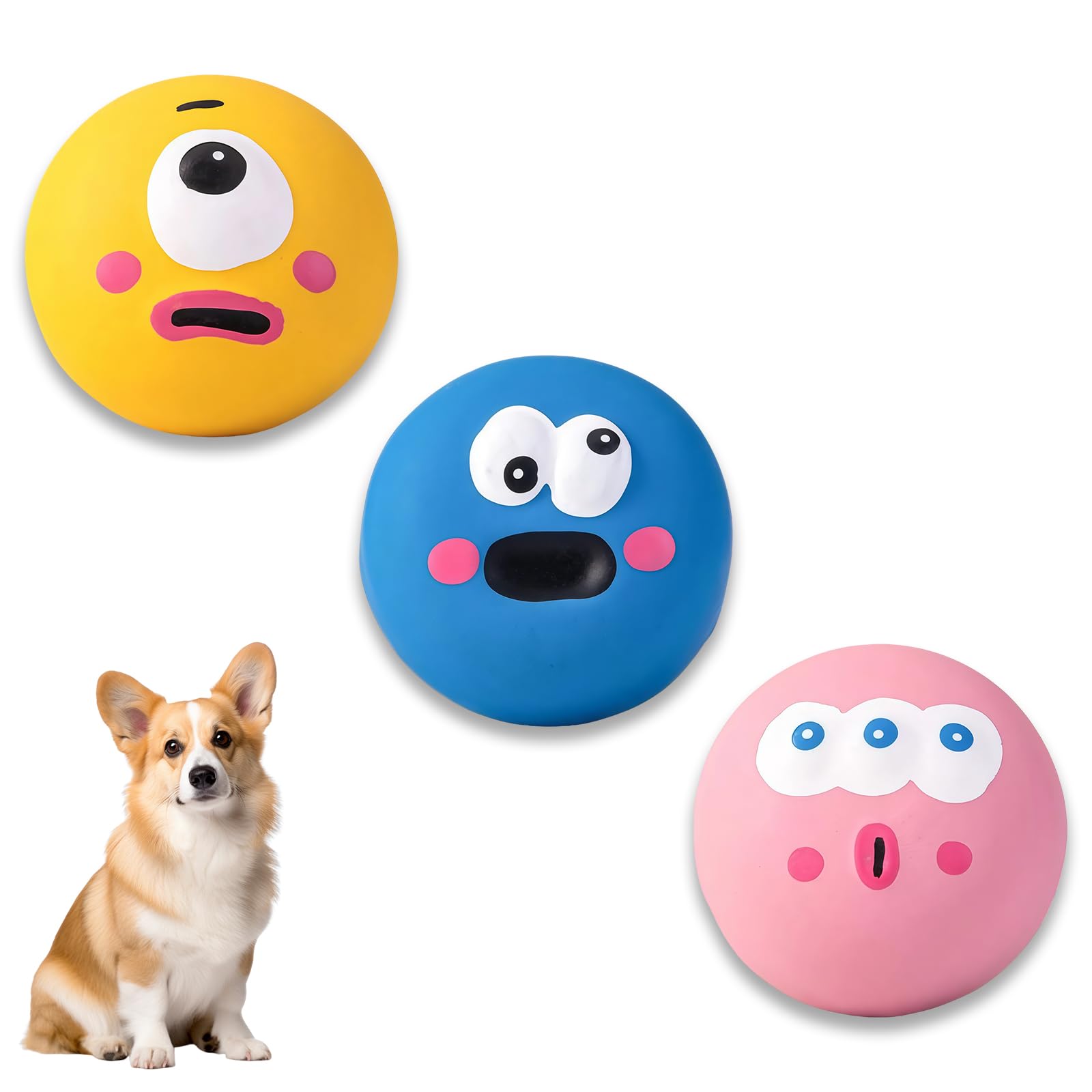 YURUIHKAO 3 Pcs Squeaky Puppy Balls Flexible Latex Small Dog Toys Cute Printed Squeaky Balls Interactive Fetching Chew Toys For Small Breeds Portable Colorful Pet Play Balls