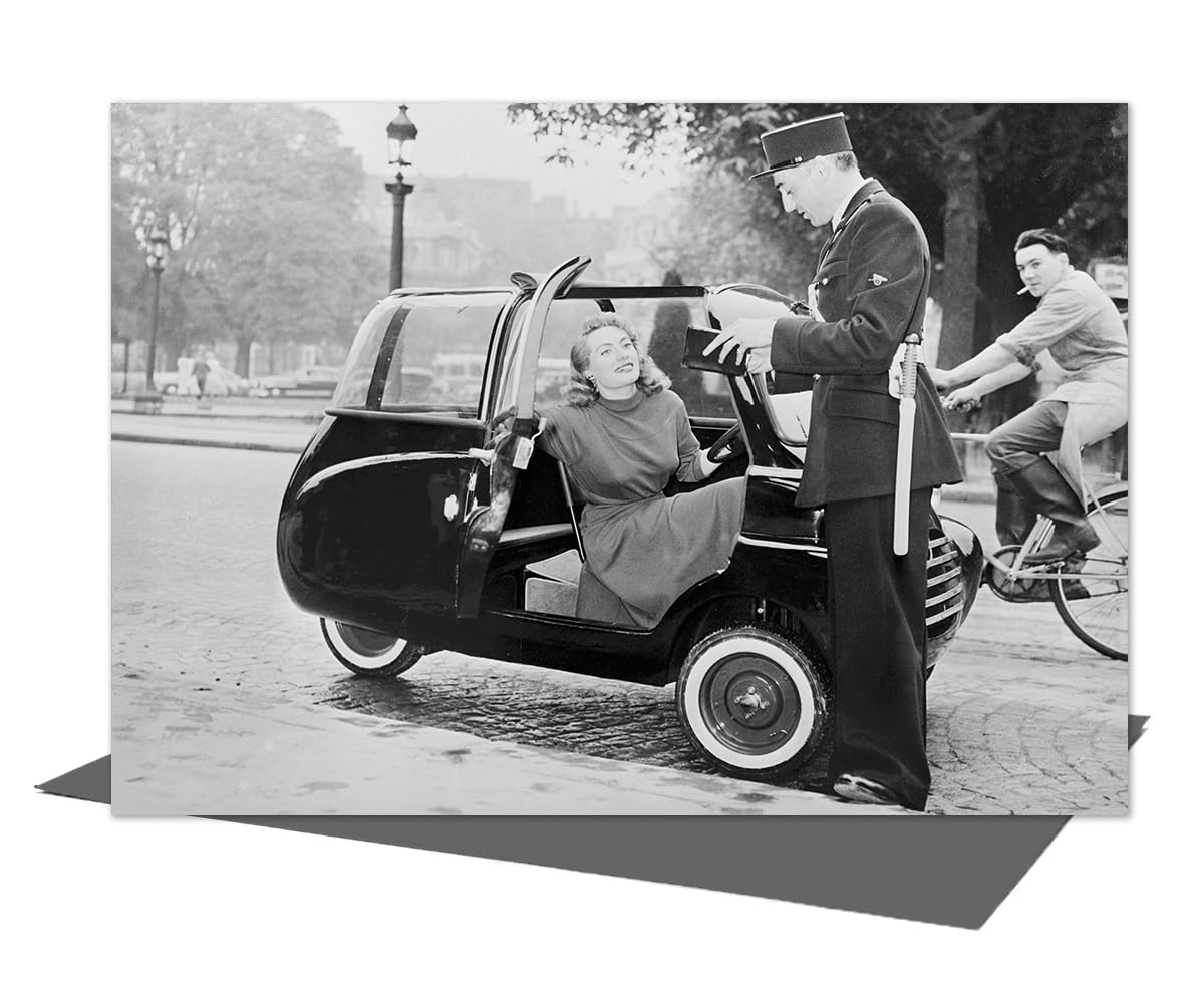 Holy Mackerel Lady in bubble car vintage photographic card featuring an image of the Microbo three wheeler, 1953-12.6 x 17.7cm and blank inside