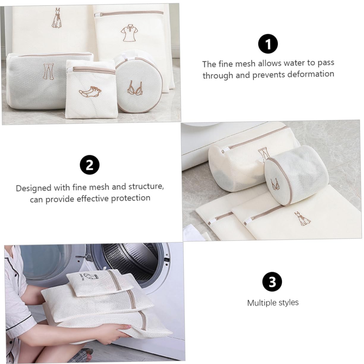 Bolsa de Lavado de Malla de Poliéster Beige Cierre, Juego de 6 Piezas para Proteger Ropa Interior y Evitar Enredos y Daños Lavadora