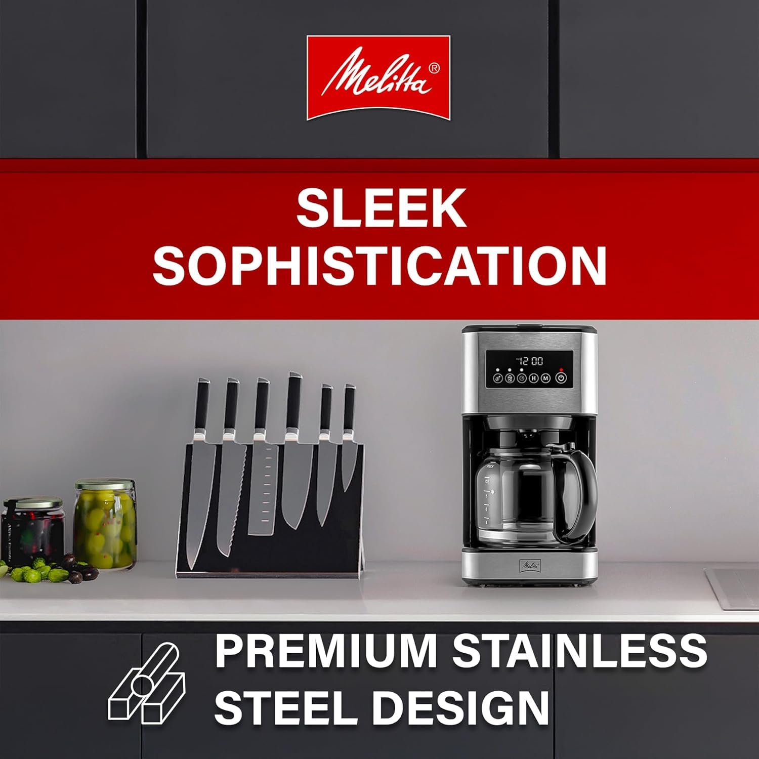 Melitta Aroma Tocco Plus Glass 12-Cup Drip Coffee Maker, Black & Stainless | Automatic & Programmable, Auto Shut Off, Touch Control Panel, 5-Pack Coffee Filters Included