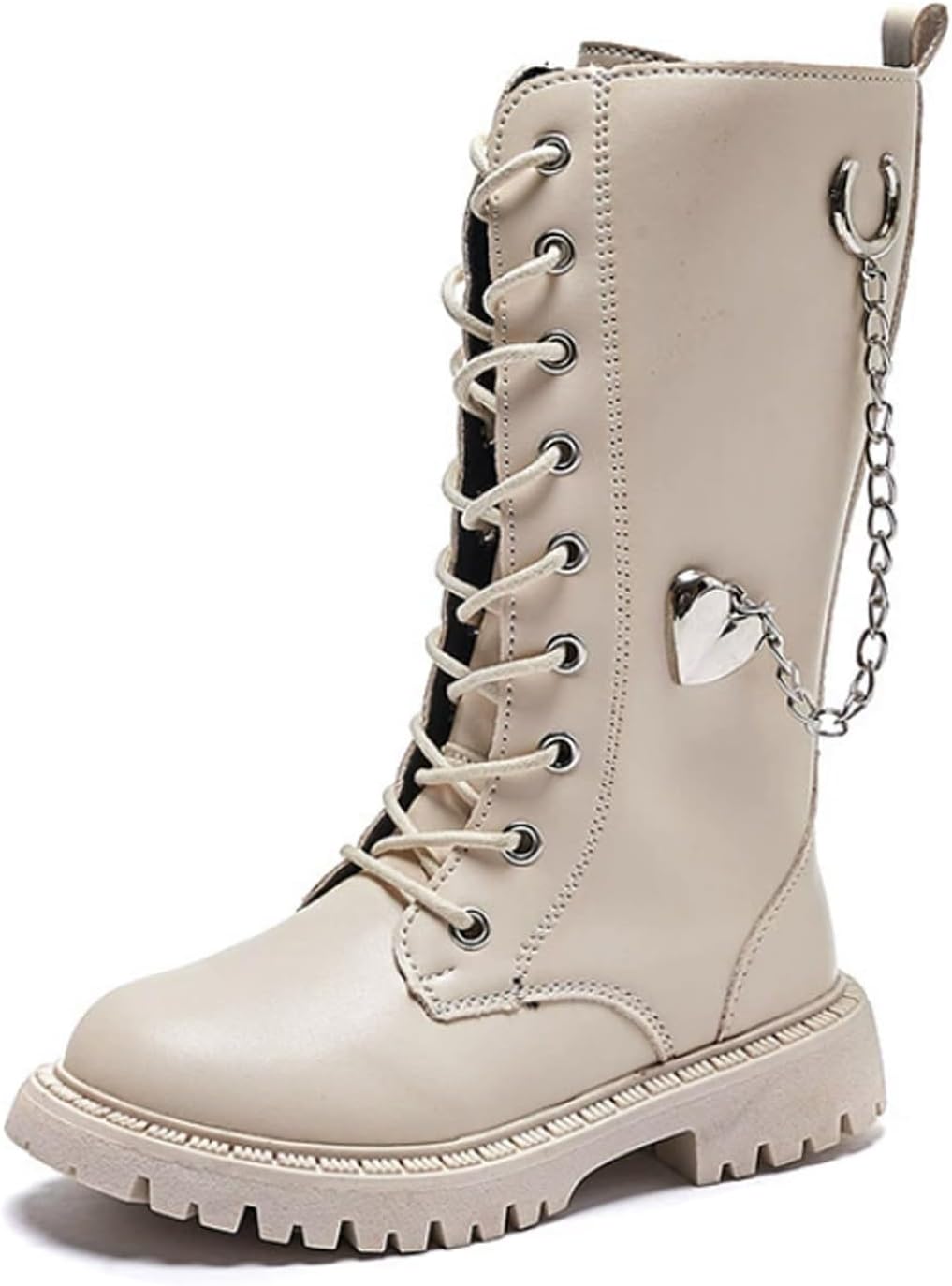 Girls Leather Riding Knee High Boots with Heart-shaped metal chain Side Zipper Fashion Round Toe Comfortable Low Heel Lace Up Combat Boots Lug Sole Motorcycle Boots Little Kid/Big Kid