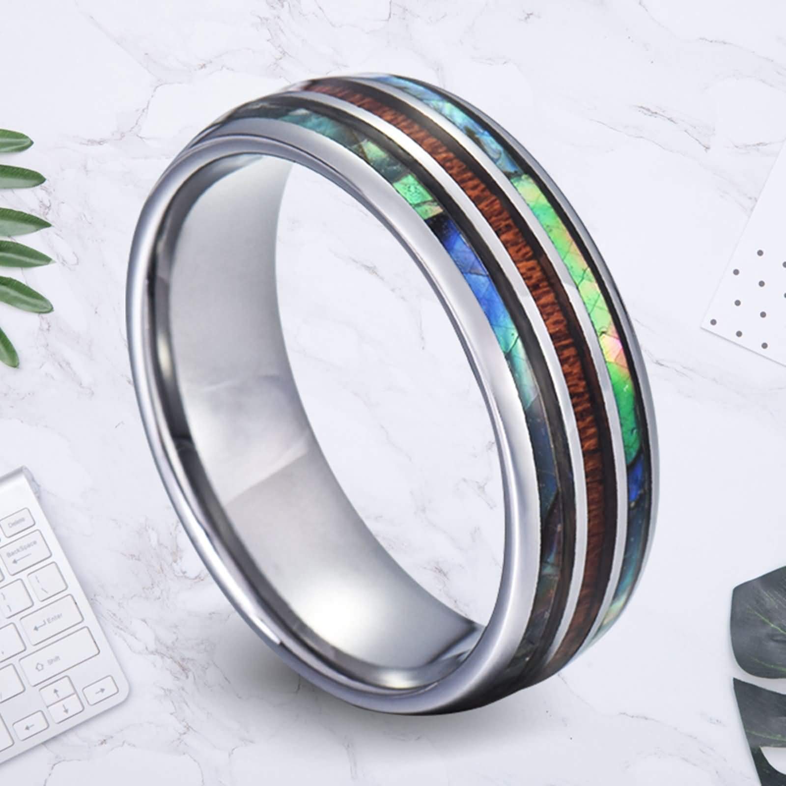 Anello Tungsteno Uomo Fede Nuziale Anello di Fidanzamento Intarsio di Legno e Abalone Anelli Uomo Personalizzabili 8MM Anelli Tungsteno Argento Misura 12-31