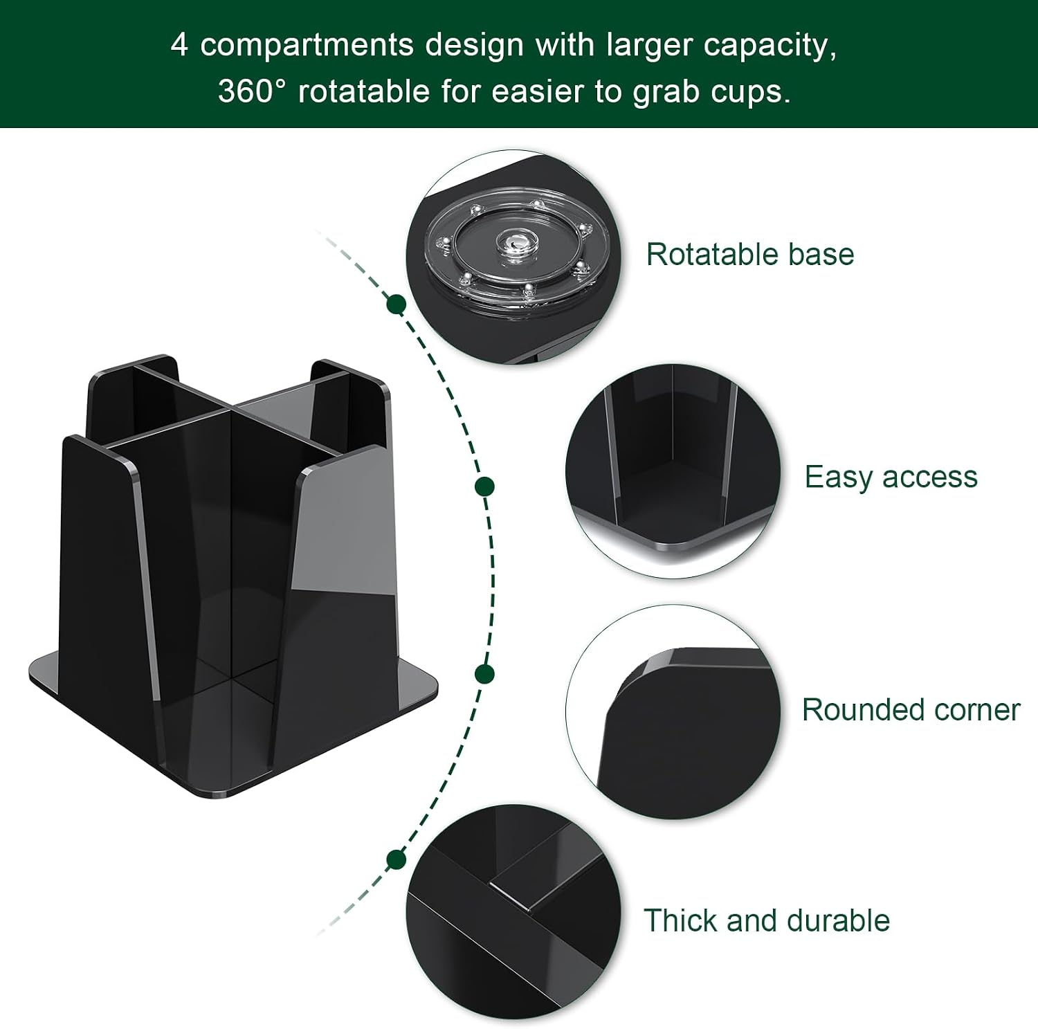 Coffee Cup Organizer for Countertop - Rotating Plastic Cup Holder 4 Compartments Black Acrylic Cup and Lid Holder for Coffee Bar Restaurant Breakroom Disposable Paper Coffee Cup Dispenser image 4
