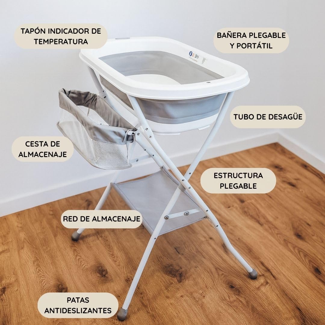 Bañera Plegable de Bebé con Soporte Patas Antideslizantes | Portátil | Tubo Desagüe | Cesta para Juguetes y Organizador para Champú | Ligera, Compacta y Segura para Baño (Gris Cojín Regadera)