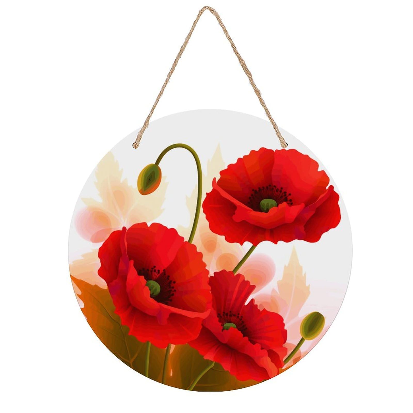 LZQPOEAS Poppy Flowers Vivid Petals Round Wood Wall Art Painting, 7.9 Inch Circular Wooden Door Hanger Decorative Paintings, Rope-Hanging Wooden Wall Plaque for Home Decor And Office Party