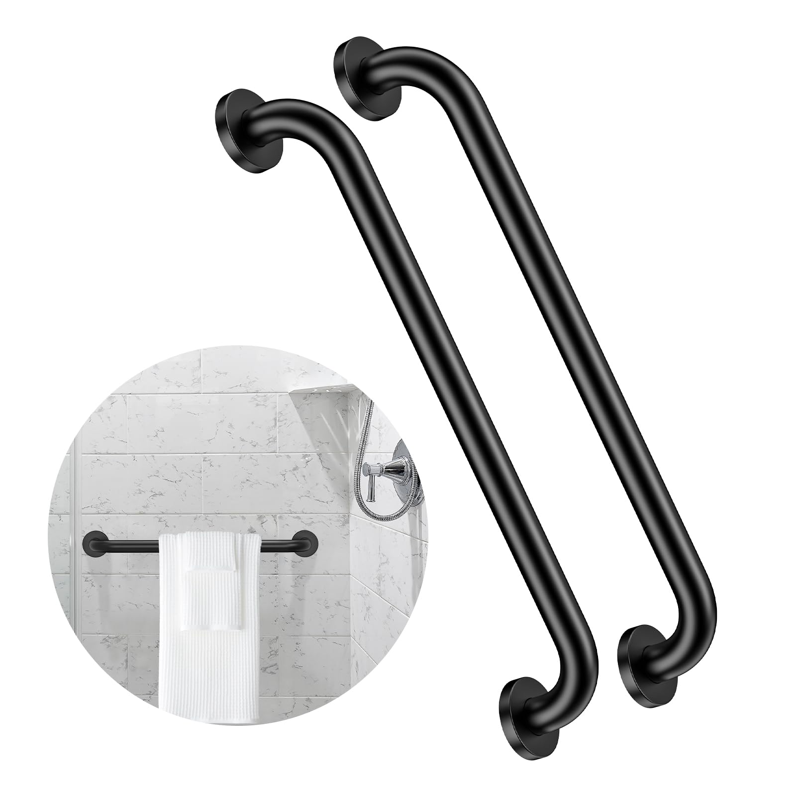Photo 1 of 2 Pack 24 Inch Black Shower Grab Bars, ZUEXT Stainless Steel Bathroom Wall Grab Bar Handle, Shower Balance Bar, Safety Hand Rail Support,Handicap Elderly Senior Assist Bath Grab Handle(1.25" Diameter)
