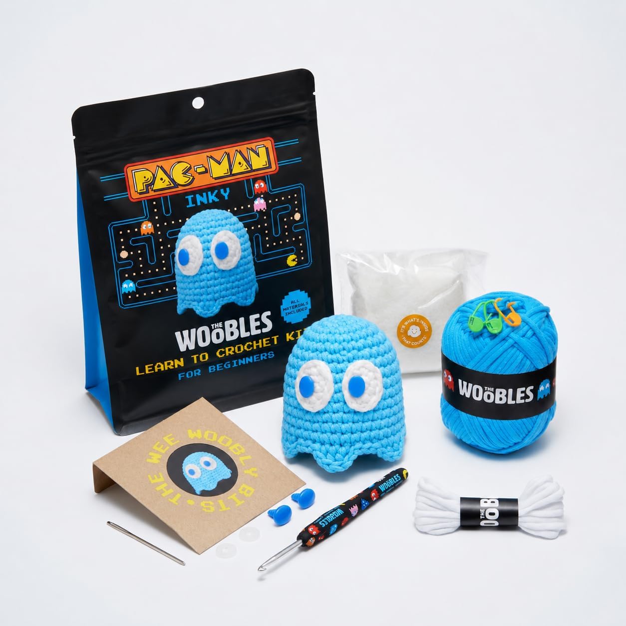 The Woobles Pinky Crochet Kit for Beginners - Officially Licensed PAC-MAN Ghost Amigurumi Kit, As Seen on Shark Tank, 4-in Plush, Ages 12+